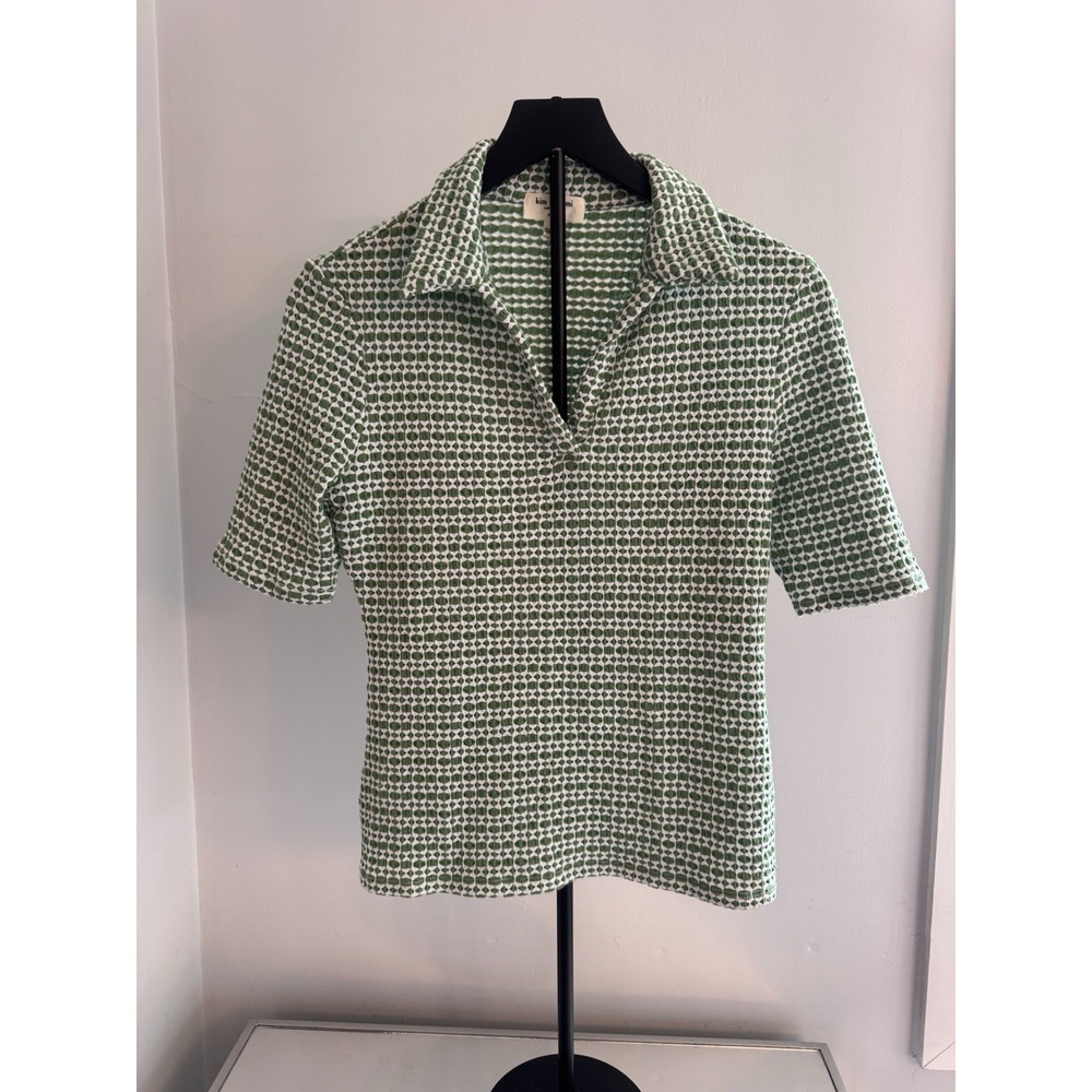 Kim & Cami Textured Geo Knit Polo Top Green White Small Coastal Mod - Picture 1 of 7